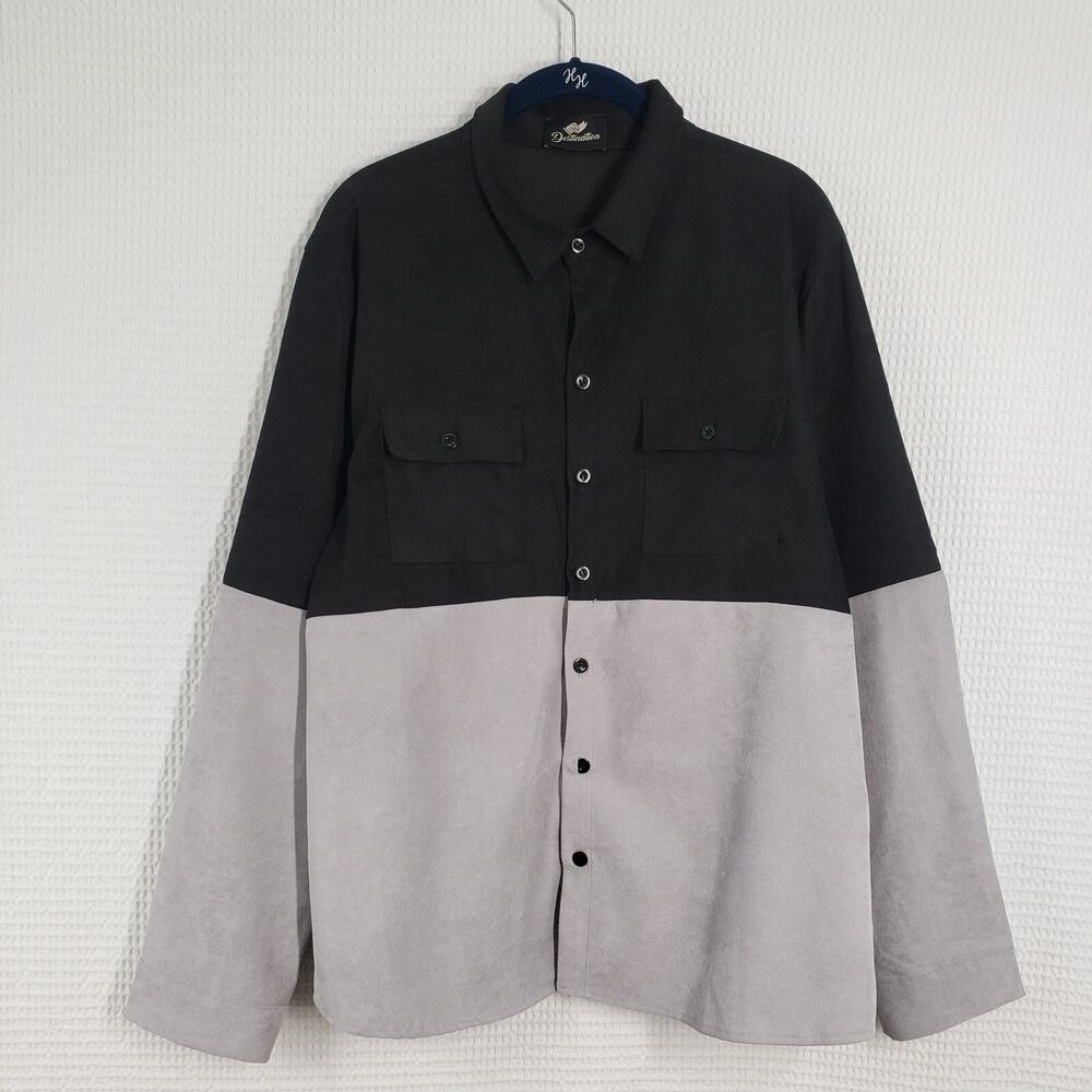 Go Destination Casual Button-Up Shirt Mens Large Gray Black Two Tone Long Sleeve